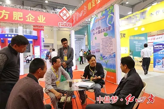 全國農技推廣中心節水處處長、首席專家高祥照與中鹽紅四方肥業公司總經理陳國慶親切交談，咨詢新型肥料推廣應用情況。